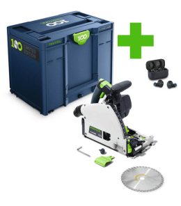 Festool limited edition tool kit with storage box, circular saw, blade, accessories, and wireless earbuds.