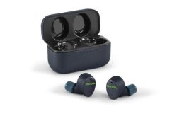 Pair of wireless earbuds with blue tips shown outside their open black charging case.