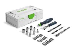 A Festool tool kit with a white case, various sockets, bits, a screwdriver, and a ratchet handle arranged neatly.