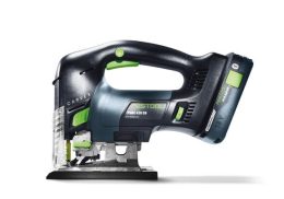 Cordless electric jigsaw with a black and green design, positioned on a white background.