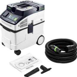 Festool dust extractor with hose, vacuum bag, and two nozzle attachments on a white background.