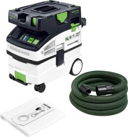 Festool vacuum cleaner with display, green hose, and a white dust bag accessory placed on a plain background.