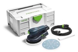 Festool sander kit with storage case, power cord, sanding disc, and tool laid out on a white background.
