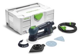A Festool sander kit with carrying case, sander, power cord, sanding pads, and sanding attachments displayed.