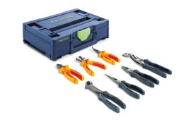 Blue Festool toolbox with six assorted pliers, including needle-nose, diagonal, and combination pliers, arranged in front.