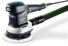 A Festool ETS 150/3 EQ random orbital sander connected to a green and black vacuum hose.