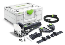 Festool joiner kit with case, power tool, attachments, power cord, and various accessories displayed on white background.