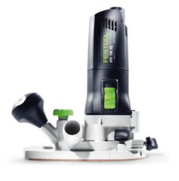 A Festool handheld router with a black and green body, mounted on a white base, viewed from the side.