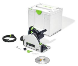 A track saw with blade, power cord, accessories, and storage case arranged on a white background.