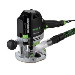 A Festool OF 1400 EQ plunge router with dust extraction attachment and depth adjustment knob.