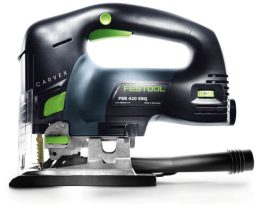 Festool Carvex PSB 420 EQ jigsaw with black and green accents, shown with blade and dust extraction port.